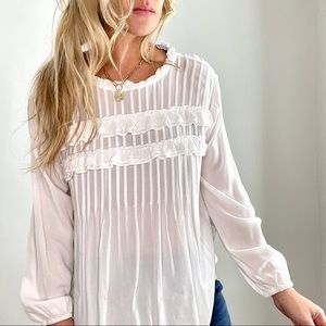Hayden White Ruffle Pin tucked Long Sleeve Blouse Top Size Large
